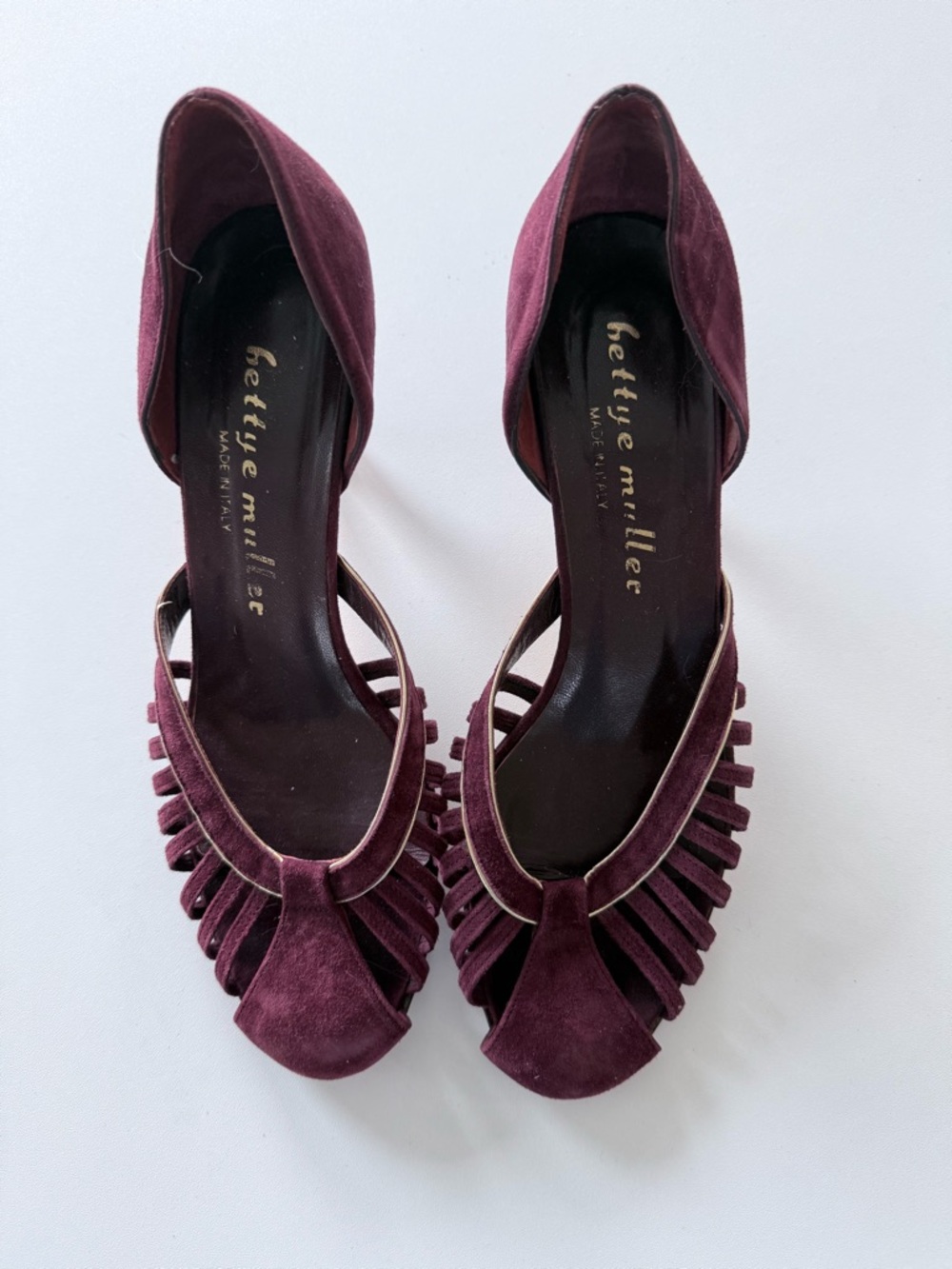 bettye muller Burgundy Suede Fringed Peep-Toe Heels